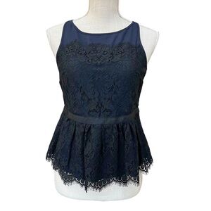 LOFT Black Lace Peplum Blouse | Sheer Blue Underlay | Exposed Statement Zipper